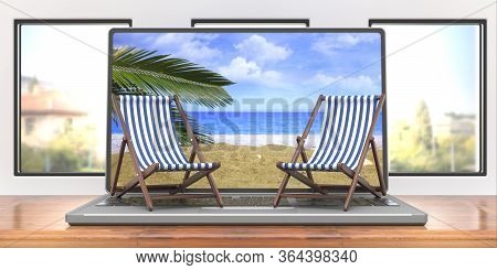 Beach Chairs On A Laptop, Business Office Background. 3D Illustration