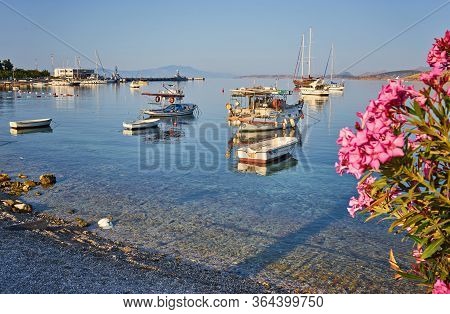 View Of The Gumusluk Bodrum Marina, Sailing Boats And Yachts In Bodrum Town, City Of Turkey. Shore A