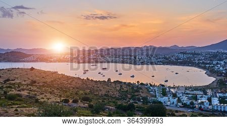 Bodrum Night Cityscape. Panoramic View Over The Bay In Bodrum, Turkey