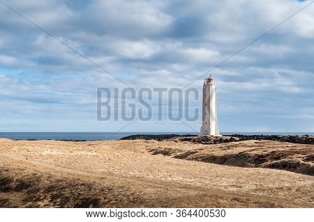 Malarrif Lighthouse On The Snaefelssnes Peninsula In Iceland. Icelandic Coast And Beautiful Scenery 