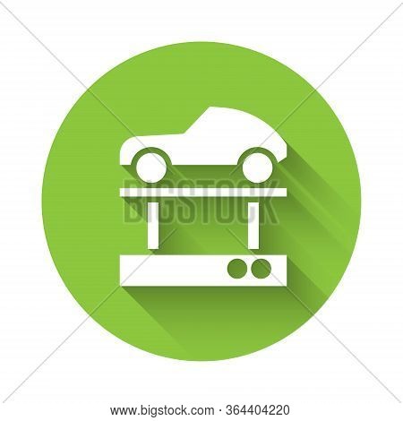 White Repair Car On A Lift Icon Isolated With Long Shadow. Repair Of The Underbody, Suspension, Whee