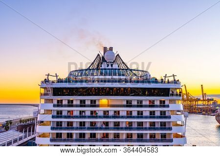 Barcelona, Spain - November 06 2018:open Balcony Decks On Back/ Stern Of Cruise Ship. People/ Passen