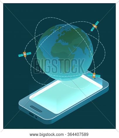 Isometric Illustration Of Smartphone, Earth And Communication Satellite Network. Stock Vector. Globe