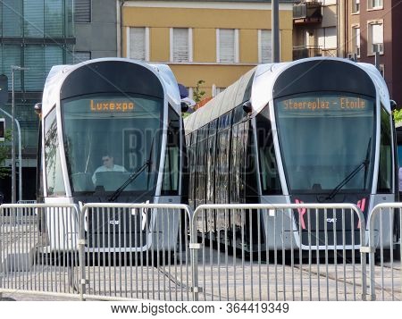 Luxembourg City, Luxembourg - June 25, 2019. New Very Modern Trams, Big Capacity, Comfortable, Fast,