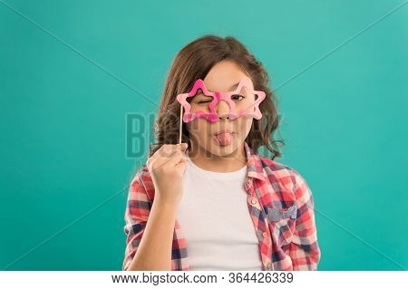Feeling Playful. Showing Tonue In Glasses. Small Girl Prefect Casual Fashion. Happy Kid In Funny Par