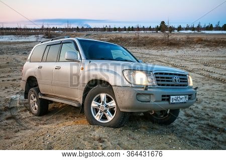 Novyy Urengoy, Russia - April 28, 2020: Offroad Car Toyota Land Cruiser 100 At The Countryside.