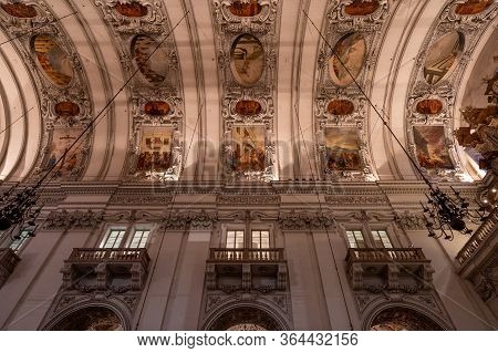 Feb 3, 2020 - Salzburg, Austria: Ceiling Mural Of Nave And Aisle Inside Salzburg Cathedral Aisle Wit