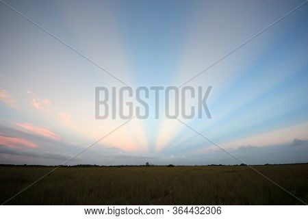 Anticrepuscular Rays Over Sawgrass Prairie Of Everglades National Park, Florida On October Afternoon