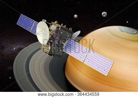 Space Probe Orbiting Saturn In The Space, 3d Rendering