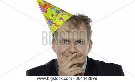 Portrait Of Drank Sleepy Young Clerk Man With A Hangover Smiling. Emotions. Disheveled Guy Businessm