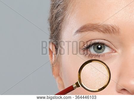 Young Woman With Dry Skin On Grey Background, Closeup