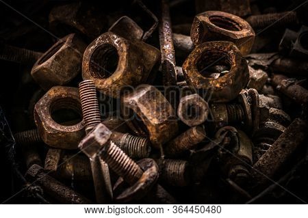 Hand Tools Set Of Old, Rusty Metal. On The Table Are Wrenches Of Various Shapes As Well As Files, Bo