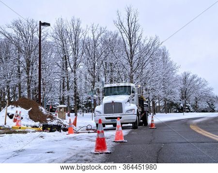 Bemidji, Mn - 21 Nov 2019: Orange Traffic Warning Cones At A Work Zone