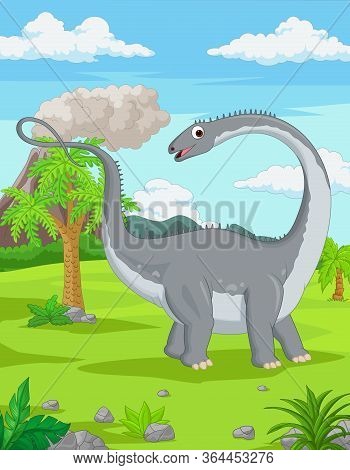 Vector Illustration Of Cartoon Dinosaur In The Jungle