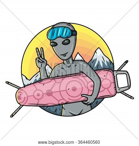 Alien With A Ironing Board On The Background Of Mountains.