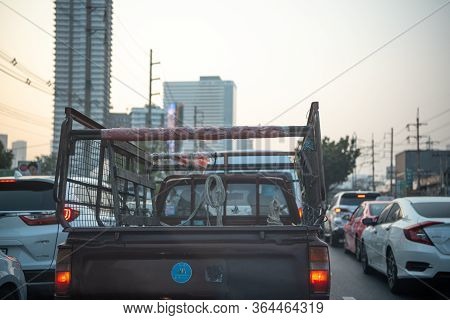 Bangkok, Thailand - January 17, 2020 : Cars On Busy Road In The Bangkok City, Thailand. Many Cars Us