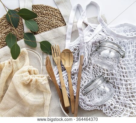 Cotton Bags, Net Bag With Reusable  Glass Jars And Bamboo Cutlery. Zero Waste Concept. Eco Friendly.