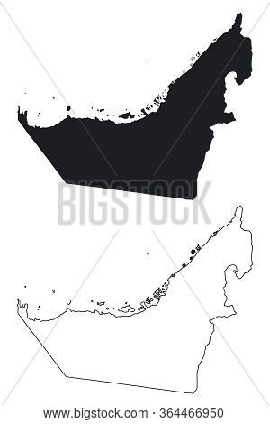 United Arab Emirates, Uae, Emirates Country Map. Black Silhouette And Outline Isolated On White Back