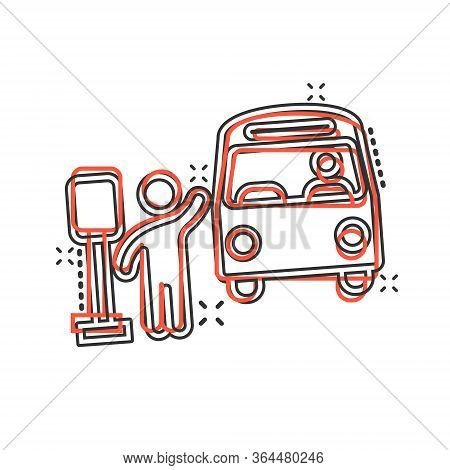 Bus Station Icon In Comic Style. Auto Stop Cartoon Vector Illustration On White Isolated Background.
