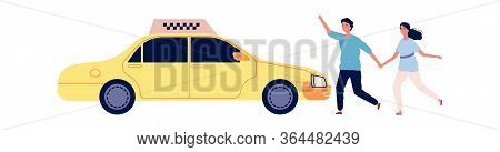 People Catch Taxi. Young Couple Stop Yellow Car. Isolated Man Woman And Transport, Taxi Service Vect