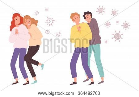 People Afraid Of Viruses. Microbes Attack Guys And Girls. Bacteria Fly On Adults Or Teenagers Vector