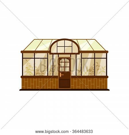 Glass Greenhouse With Various Nutritious Plants Inside. Home Gardening Concept In Flat Style. Vector