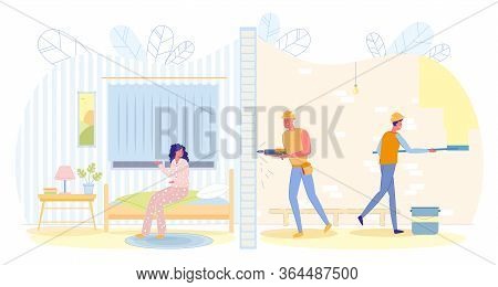 Party In Apartment Disturbs Neighbors, Slide. Two Apartments Separated By Wall. In One Party Guests 