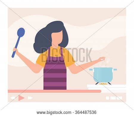 Cook At Kitchen Online Video Tutorial, Vector Illustration. Chef Cooking At Internet Application, Di