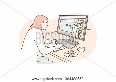 Training, Communication, Distance, Business, Feelance Concept. Young Woman Manager Freelancer Cartoo