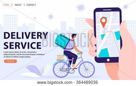 Delivery Service Concept. Man Courier Riding Bicycle With Delivery Bag And Box In Respiratory Mask. 