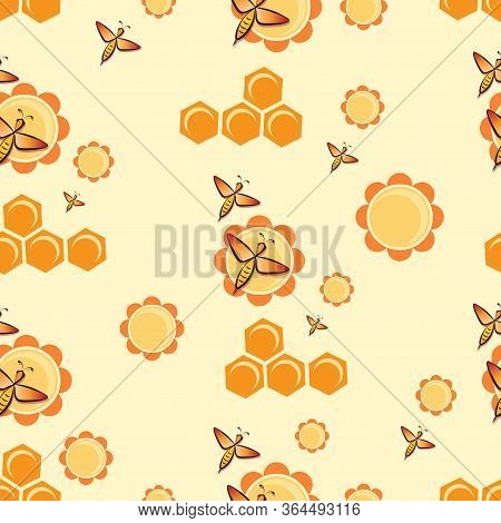 Swarm Bees. Flowers, Honeycombs. Bee Pattern, Background. Flying Bee.