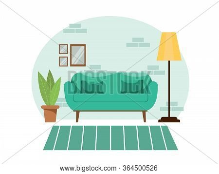 Bright Comfortable Cozy Living Room Interior In Green Pastel Colors On A White Isolated Background. 
