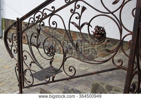 Metal Railing Forged, Stairs To The House With Metal Railings With Forged Parts