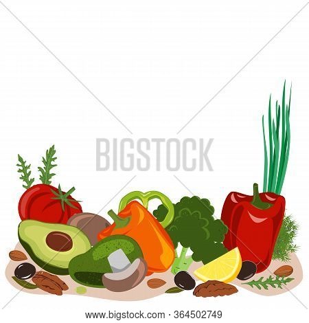 Fasting Mimicking Diet Food, Fmd Products Vector Illustration. Vegetables, Mushrooms, Olives, And Nu