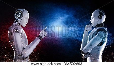 Technology Confrontation Concept With 3d Rendering Cyborg Confront In Red And Blue Side