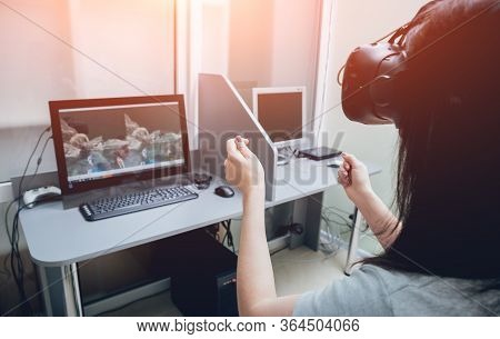 Eye Treatment. Patient In Virtual Reality Goggles. Checking The Girls Vision