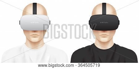 Guy Wearing A Vr Headset. Set Of Young White Men, Dressed In White And Black T-shirts, Heaving Virtu