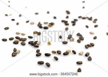 Healthy Grains Organic Chia Seeds Background. Pile Nutrition Food Isolated On White. Dieting And Det