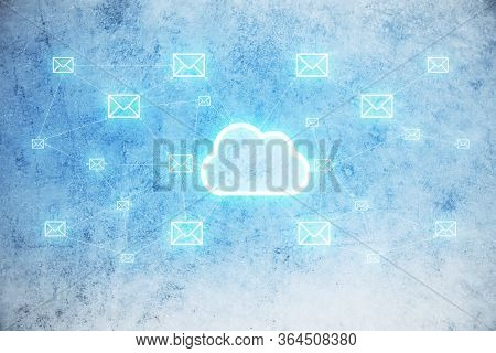 Creative Glowing Cloud Email Map Hologram On Concrete Blue Wall. Cloud Computing, Newsletter And Int