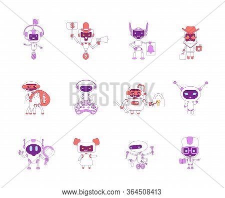 Robots Red And Violet Linear Objects Set. Bad And Good Bots Thin Line Symbols Pack. Information Stea