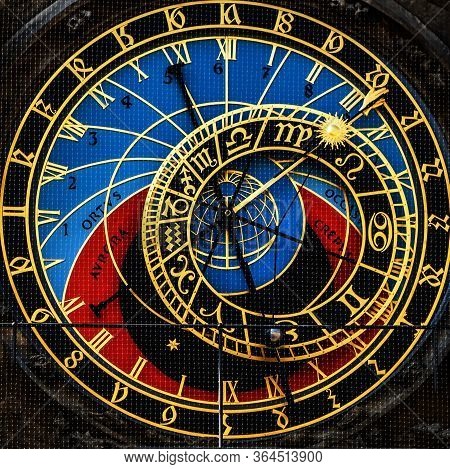 Prague Tower Kick Astronomical Clock Mechanism Or Prague Orloj. Moon Sphere Is Seen Showing Approxim