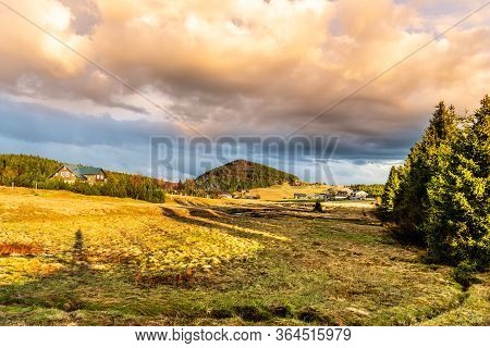 Bukovec Mountain Above Jizerka Village At Sunset Time. Spring In Jizera Mountains, Czech Republic.