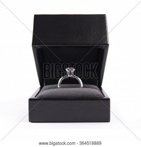 Jewelry, Golden Diamond Ring In A Box On A White Background, Isolated