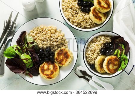 A Simple Vegan Lunch Or Dinner For A Family Of Two Adults And A Child. Brown Rice With Soy Okara And