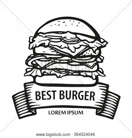 Big Burger Logo With Ribbon. Hand-drawn Burger Hot Dish. Delicious Sandwich Line Vector Stock Illust