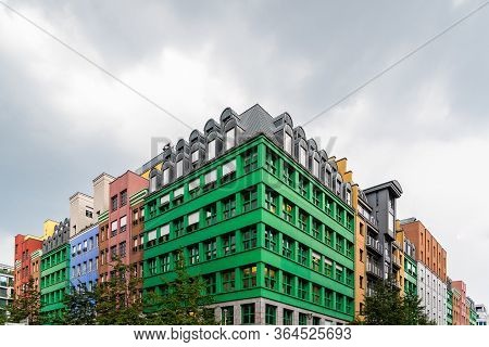 Berlin, Germany - July 29, 2019: Colorful Residential Buildings In Quartier Schutzenstrasse Designed
