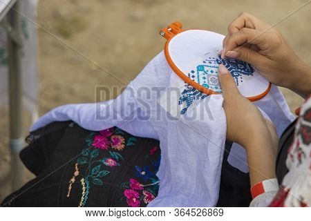 Crafting Embroidery Creative Hand Made Process By Tender Female Hands Making Beautiful Ukrainian Tra