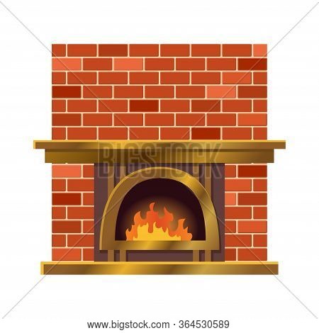 Vector Home Fireplace With Fire. Vintage Design Of Stone Oven With Fireside. Flat Icon Design. Illus