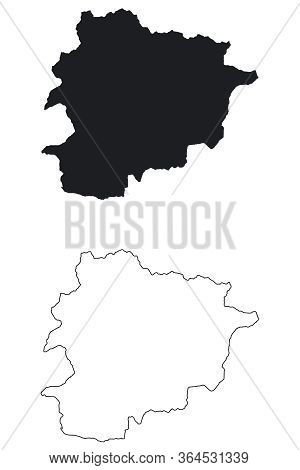 Andorra Country Map. Black Silhouette And Outline Isolated On White Background. Eps Vector