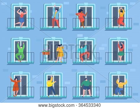 Concept Of Quarantine. People Staing At Home And Dance On Their Balconies. Stay Home Concept. Self I